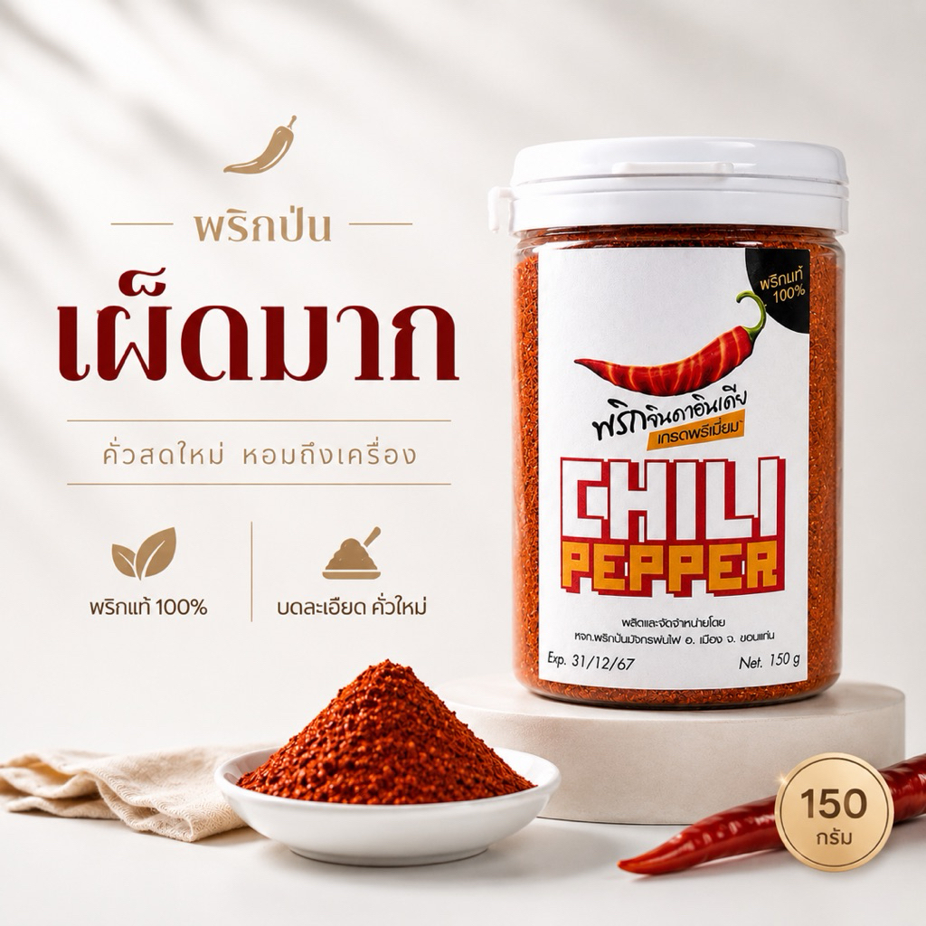 พริกป่นเผ็ดมาก พริกขี้หนูป่นละเอียด Chili คั่วใหม่ ไม่ผสมก้าน 150g(ฝาขาว)