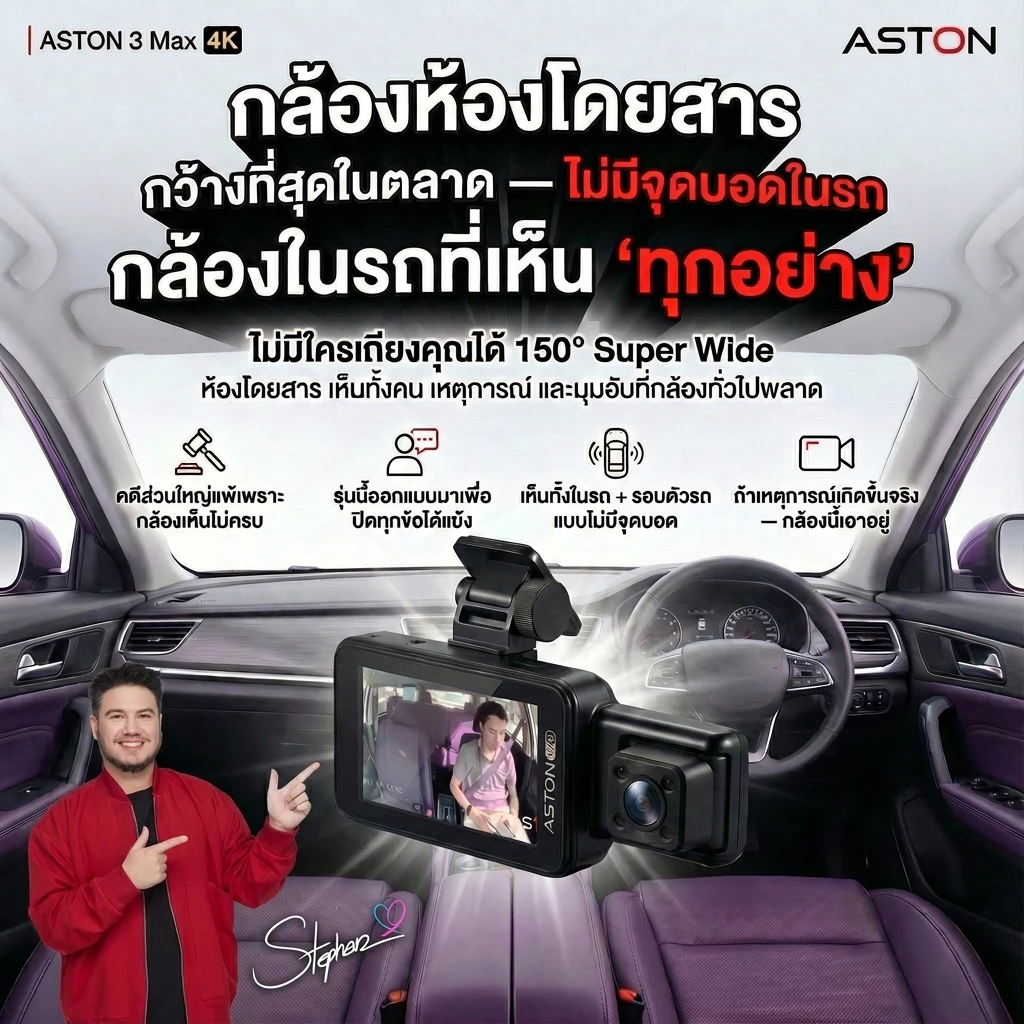[3กล้อง4K] Aston 3 Max 4K กล้องติดรถยนต์ 3 กล้อง ความชัด4K หน้า-กลัง-ห้องโดยสาร บันทึกขณะจอด บันทึกวนซ้ำ  รับประกัน 1 ปี thumbnail 5