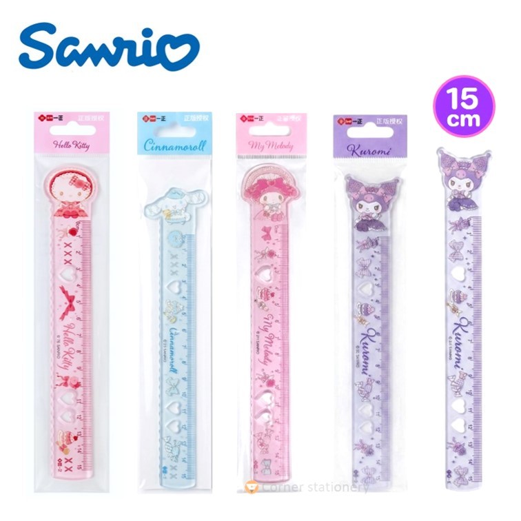 ไม้บรรทัดพลาสติก 15 ซม.ขอบหยัก Sanrio ลิขสิทธิ์แท้ Melody Kuromi Cinnamoroll Kitty เจาะช่องหัวใจ