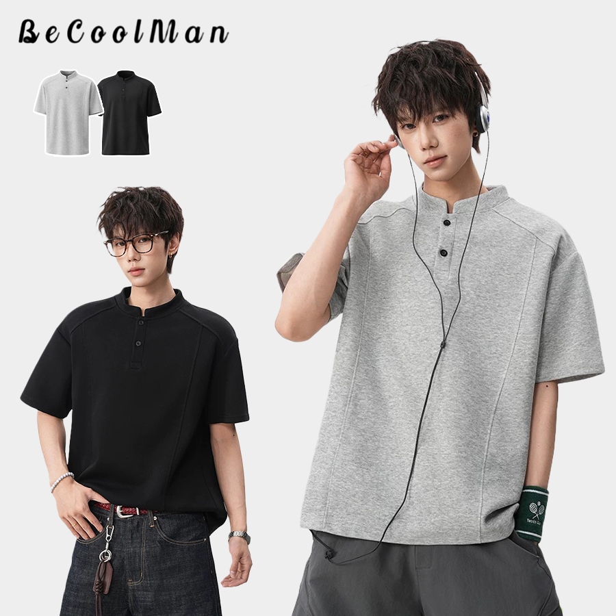 💥BecoolMan💥แบบอเมริกัน ปลอกคอเฮนรี่ เสื้อโปโล ความรู้สึกหรูหรา สีพื้น ฤดูร้อน เสื้อยืดผู้ชาย หลวม แมทช์ง่าย