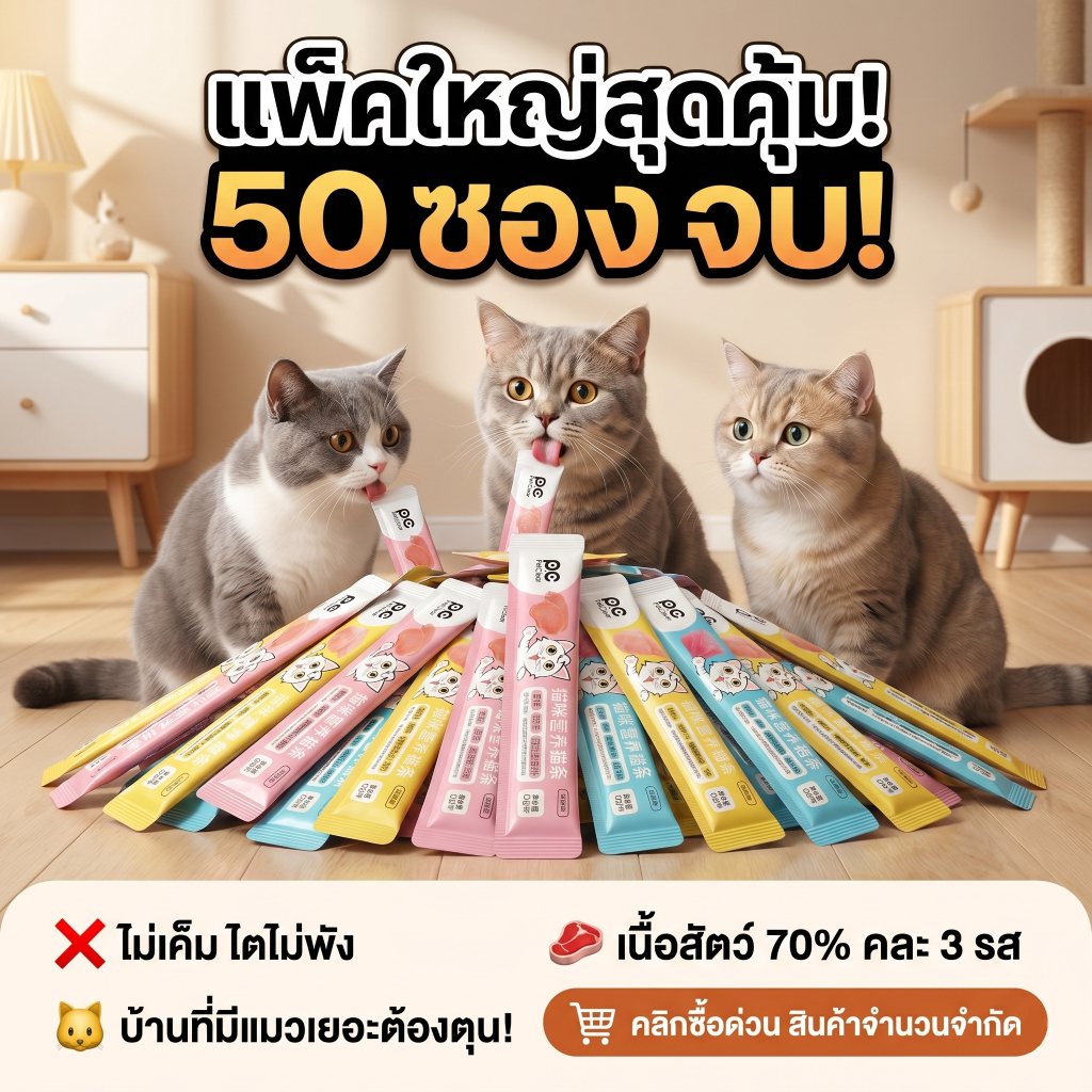 PetClear ขนมแมวเลีย เกรดพรีเมียม แพ็คใหญ่ 50 ซอง คละรส (ไก่งวง/กระต่าย/ทูน่าไก่) เนื้อสัตว์แท้ 70%