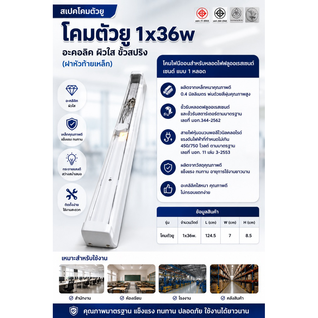 โคมตัวยู1x36w.(1x18w.LED)ขั้วสปริง หัวท้ายจากเหล็ก อะคลิลิใส(สำหรับใส่หลอดยาว)(ไม่มีหลอดไฟ)