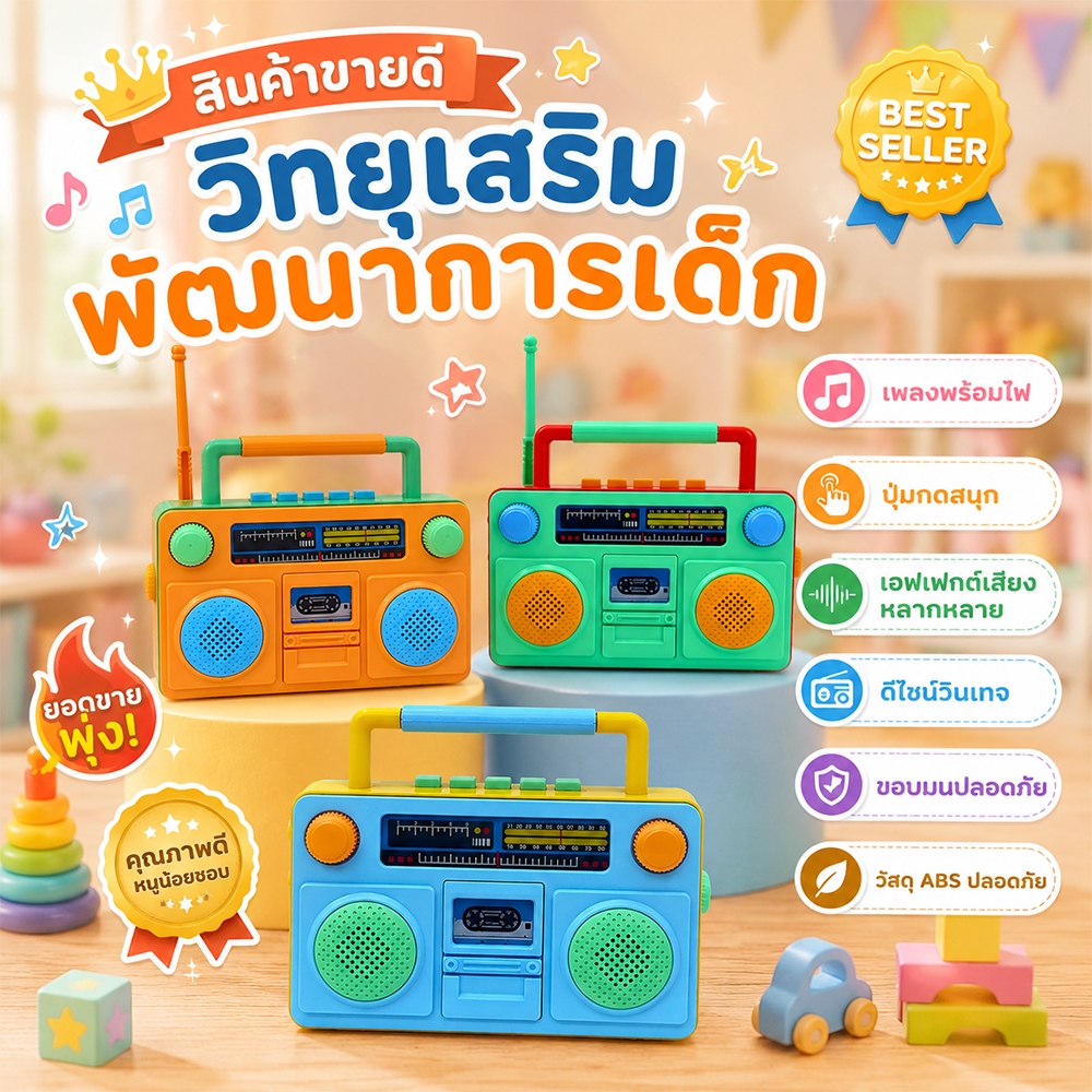 พร้อมส่ง ของเล่นเด็ก วิทยุเล่นเพลงได้  มีแสงไฟ ดีไซน์วินเทจ เสริมการเรียนรู้ ของเล่นเสริมพัฒนาการ