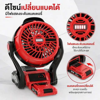 พัดลมไร้สาย 12 นิ้ว 21V พัดลมแบต ไฟ LED ไร้สาย พัดลม พัดลมพกพาไร้สาย พัดลมแคมป์ปิ้ง ปรับแรงลมได้