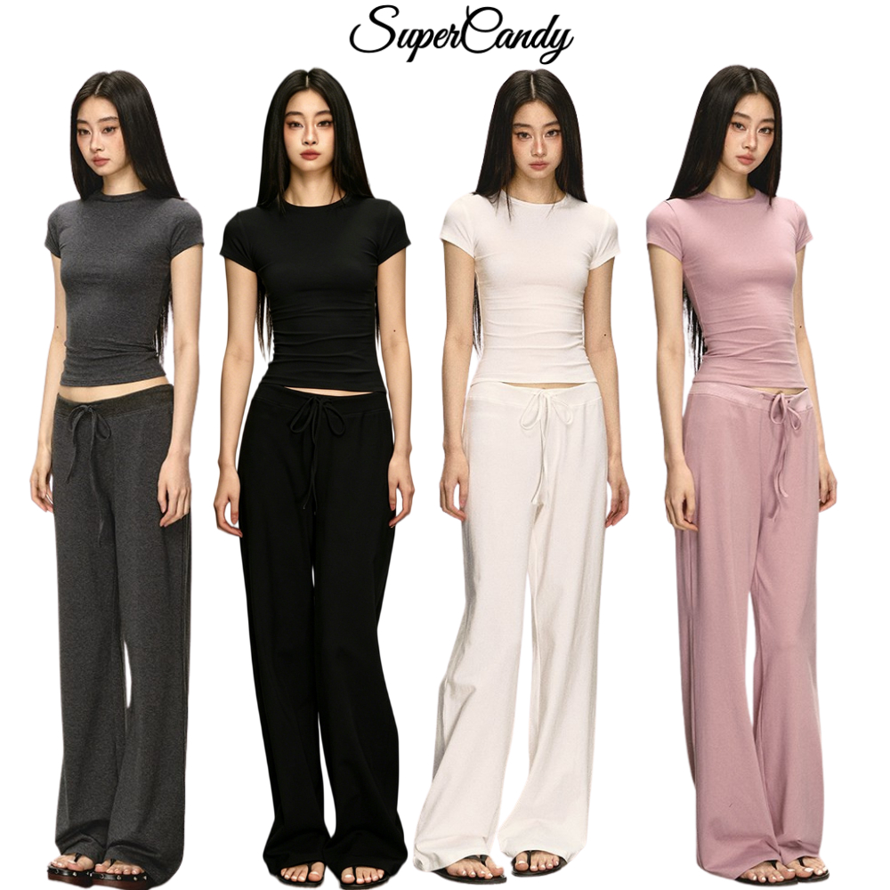 SuperCandy กางเกงขายาวผู้หญิง ฤดูร้อน ขากว้าง มีริ้วผ้าไหลลื่น ใส่สบาย ระบายอากาศดี เอวต่ำ สไตล์ลำลอง