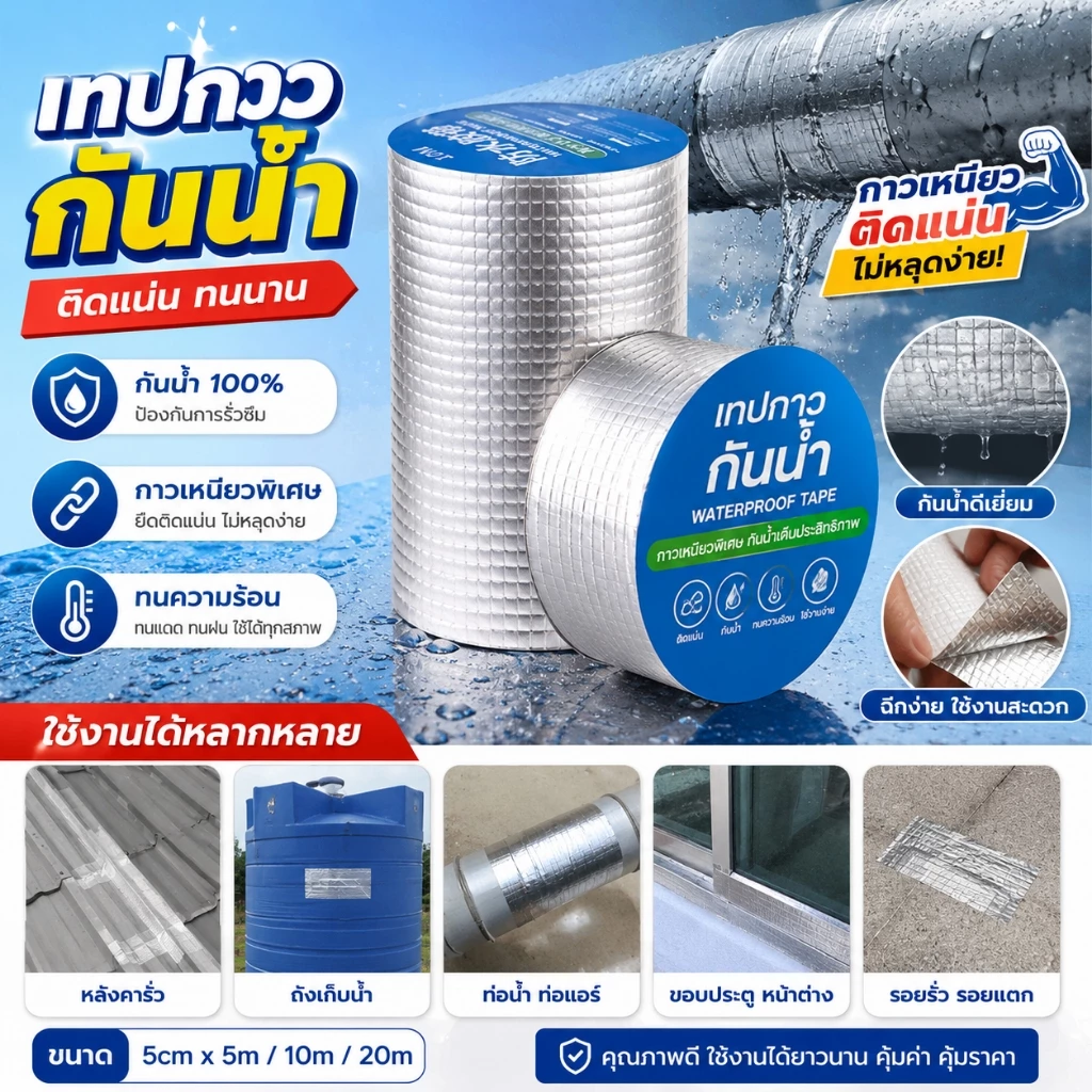 เทปกาวกันน้ำ เทปกันน้ำบิวทิล ผลลัพธ์รวดเร็ว ใช้สำหรับซ่อมแซมหลังคารั่ว ท่อน้ำ และผนังเทปกาวอเนกประสงค์