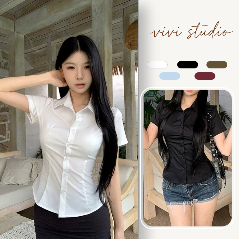 เสื้อเชิ้ตบางแขนสั้นรัดเอวผู้หญิง สีพื้น ทรงรัดเอวสวยยกอก ผ้าไม่ย้วย ทำงาน/ไปเที่ยวได้