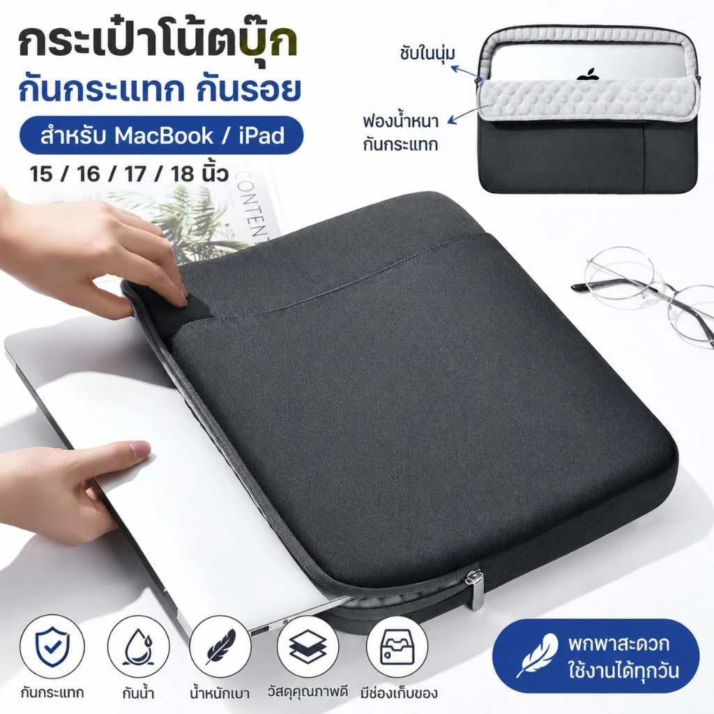 กระเป๋าโน้ตบุ๊ก กันกระแทก กันน้ำ Laptop Sleeve สำหรับ MacBook/iPad 15 16 17 18 นิ้ว