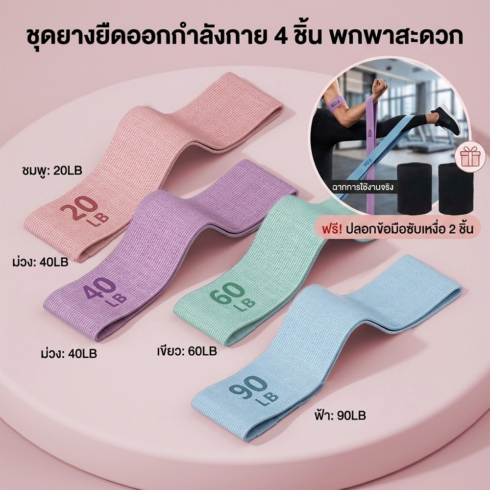 4 ชิ้น ยางยืดออกกำลังกาย ยางยืดสะโพก ยางยืดกล้ามเนื้อ ชุด  20-90LB ไม่ม้วนงอ กันลื่น ฟรีปลอกข้อมือ 2 ชิ้น ออกกำลังก