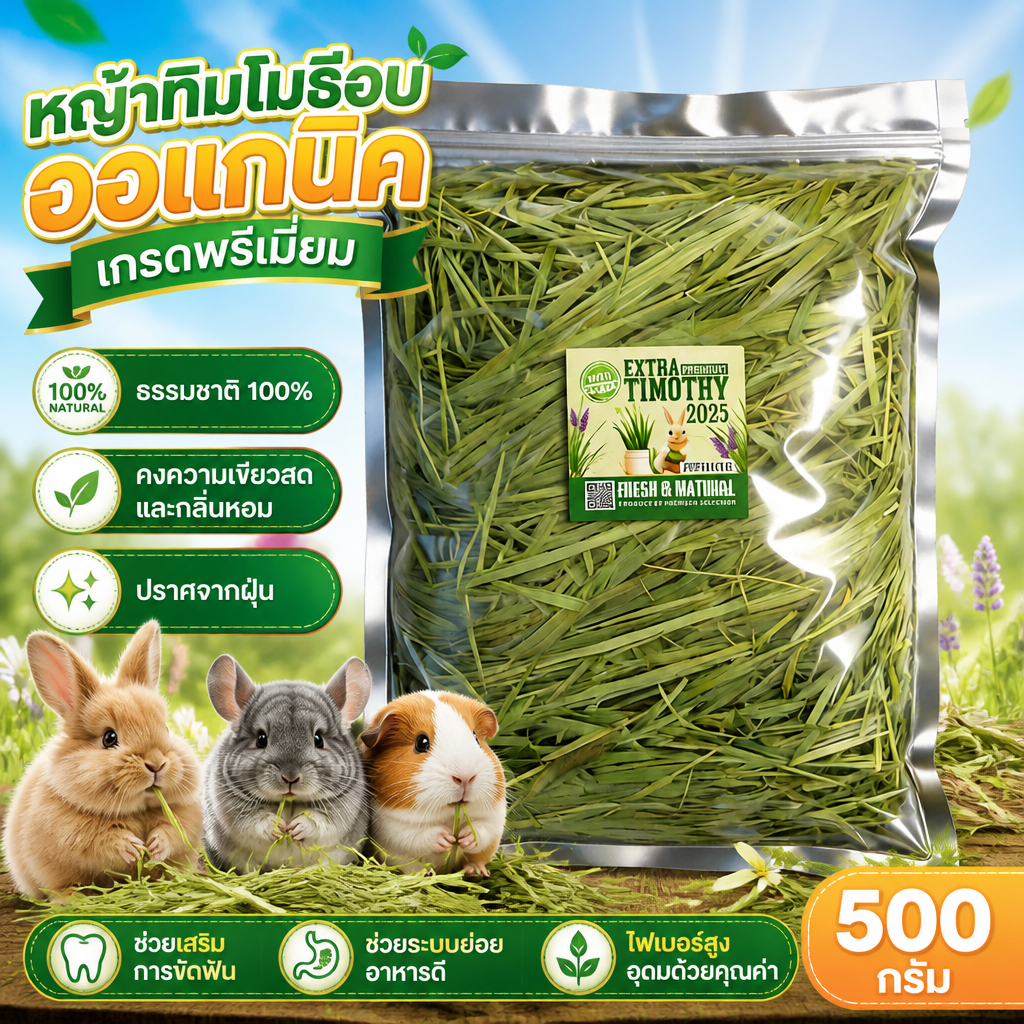 หญ้าทิมโมธีเกรดพรีเมี่ยม หญ้ากระต่าย 500g 100%ธรรมชาติ อบแห้ง คัดพิเศษยอดอ่อน มีแคลเซียมโปรตีนต่ำ