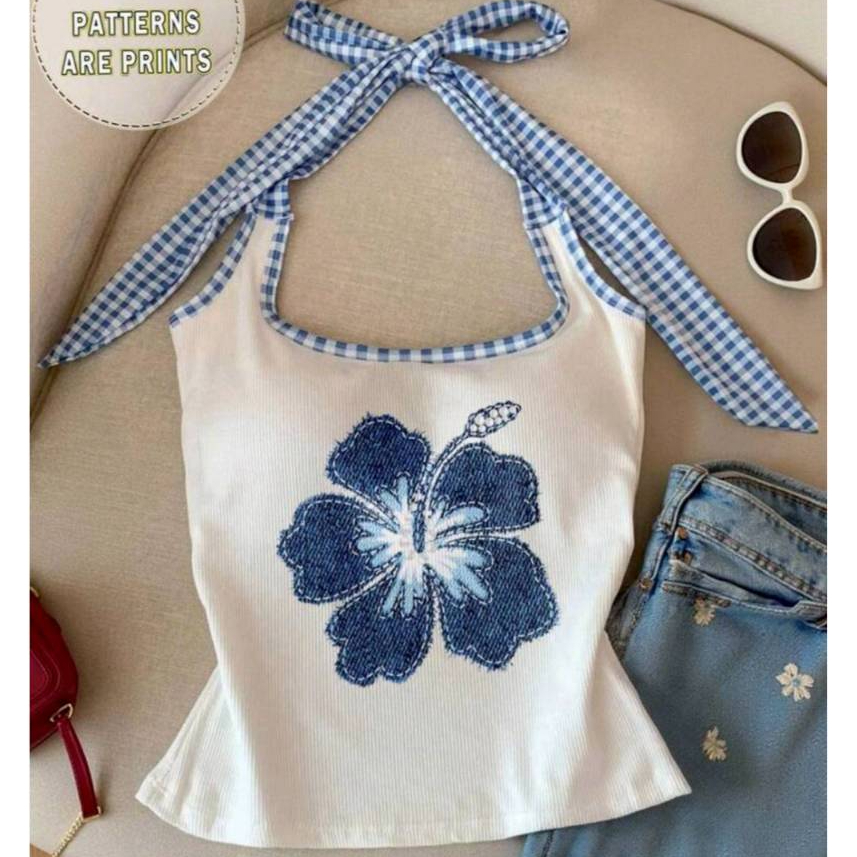 Crop TC2641 เสื้อกล้าม คล้องคอลายสก็อต พิมพ์ลายดอกไม้