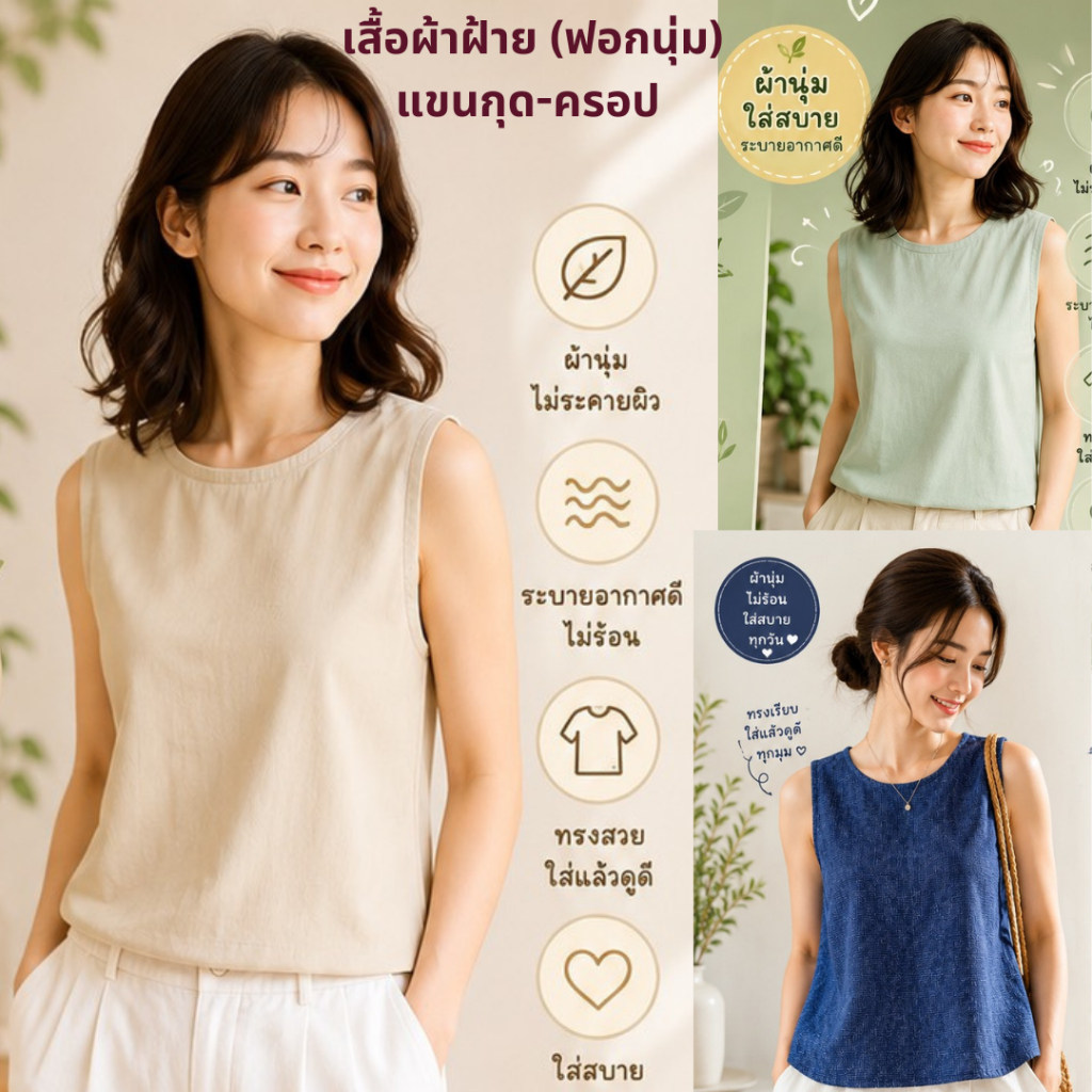 เสื้อผ้าฝ้าย (ฟอกนุ่ม) แขนกุด-ครอป (FREE SIZE รอบอก 40 นิ้ว) สไตล์มินิมอล ผ้านุ่ม ใส่สบาย ไม่ร้อน