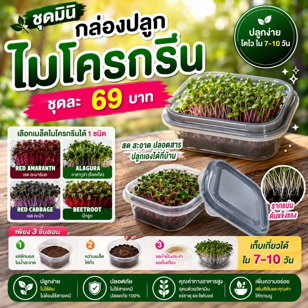 ชุดมินิ กล่องปลูกไมโครกรีน
เริ่มปลูกง่ายๆ ได้ที่บ้าน ชุดละเพียง 69 บาท!