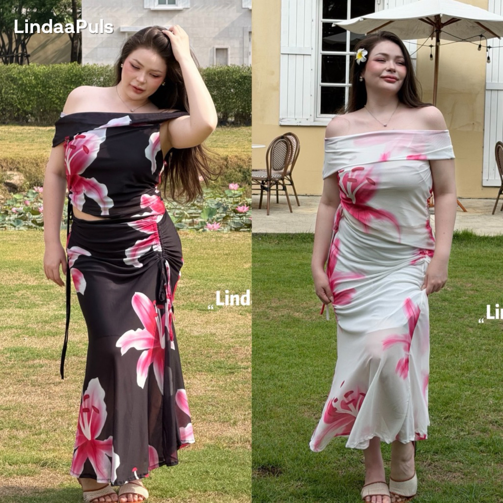 LindaaPlus-- ชุดเซ็ตดอกไม้ปาดไหล่+กระโปรงยาวสาวอวบอ้วน 🍃🫧 ผ้าชีฟองพิมพ์ลายดอกไม้ทั้งชุด🌺 เข้ารูป ทรงสวย ใส่ไปทะเล คาเฟ่
