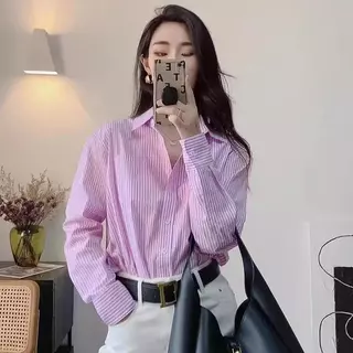 🚚ส่งจากไทย✨เสื้อเชิ้ตผู้หญิง เสื้อเชิ้ตแขนยาว เสื้อเชิ้ตลายทางสีฟ้า ลำลองทรงหลวม แฟชั่นลำลองสไตล์เกาหลี #F062
