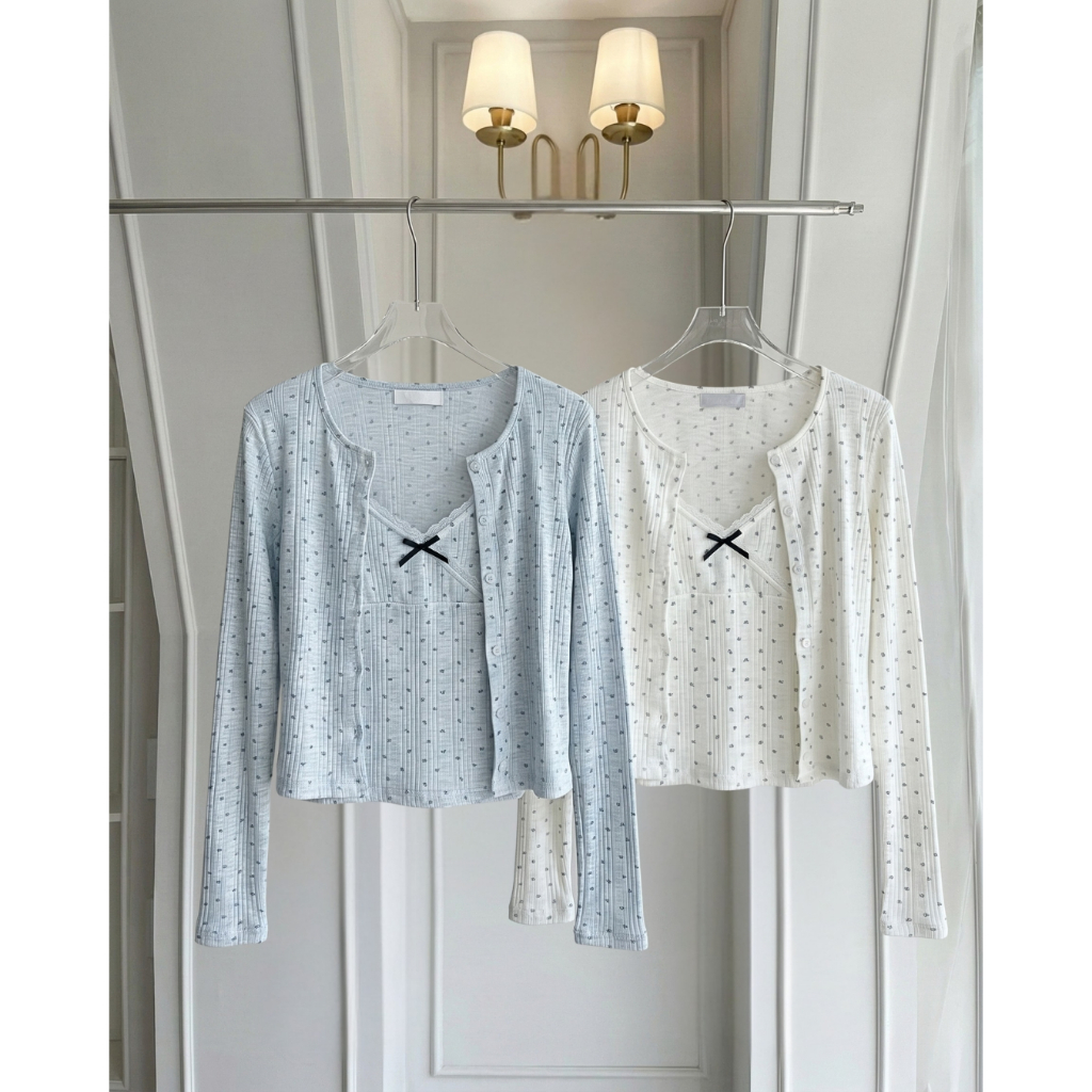 Honey Comb Cardigan เซทเสื้อคาร์ดิแกน+เสื้อสายเดี่ยวแต่งคอลูกไม้ลายโบว์จิ๋วน่ารัก Miladi