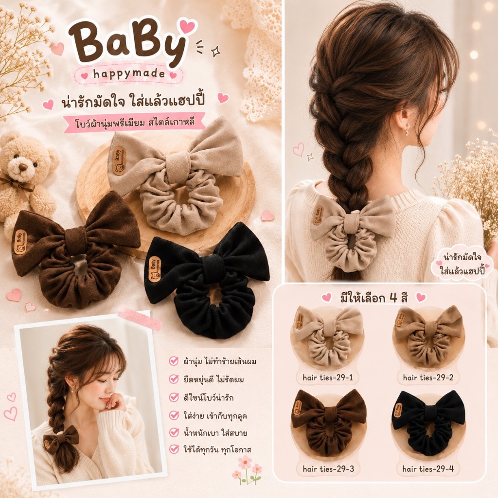 Baby Happymade โบว์หนังยางมัดผมผ้านุ่มพรีเมียม ดีไซน์หวานละมุน ใส่ง่ายได้ทุกวัน สำหรับสาวสายคิวท์สุดน่ารัก