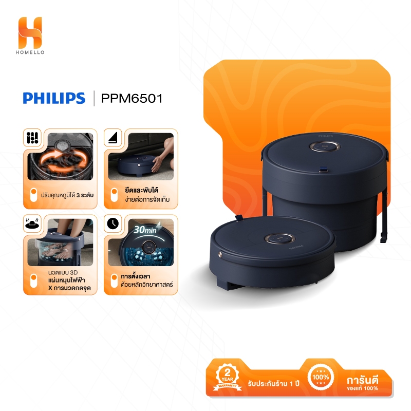 Philips เครื่องสปาเท้า อ่างสปาเท้า อ่างแช่เท้า นวดฝ่าเท้า พับเก็บได้ เครื่องนวดฝ่าเท้า ของขวัญ PPM6501 รับประกัน 2 ปี