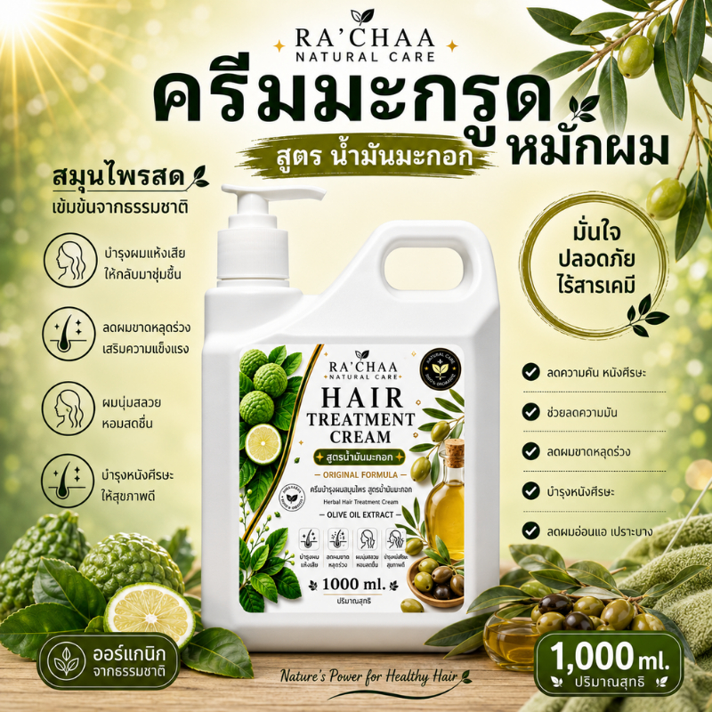 RA’CHAA Hair Treatment Cream Olive Oil Kaffir Lime ครีมหมักผมมะกรูด สูตรน้ำมันมะกอก สมุนไพรสด ขนาด 1,000 ml
