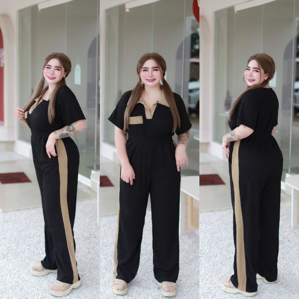 งานตัดเย็บคุณภาพดี ชุดแฟชั่น เซ็ตเสื้อเชิ้ตคอปก ลายทูโทน (ไซส์สาวอวบ) กระดุมมุกดอกไม้ ผ้าท็อฟฟี่