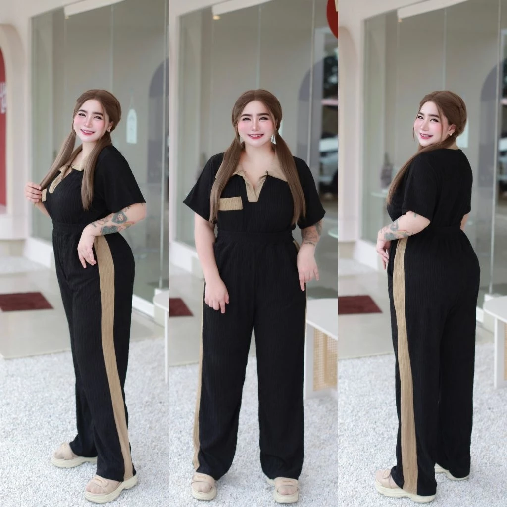 งานตัดเย็บคุณภาพดี ชุดแฟชั่น เซ็ตเสื้อเชิ้ตคอปก ลายทูโทน (ไซส์สาวอวบ) กระดุมมุกดอกไม้ ผ้าท็อฟฟี่