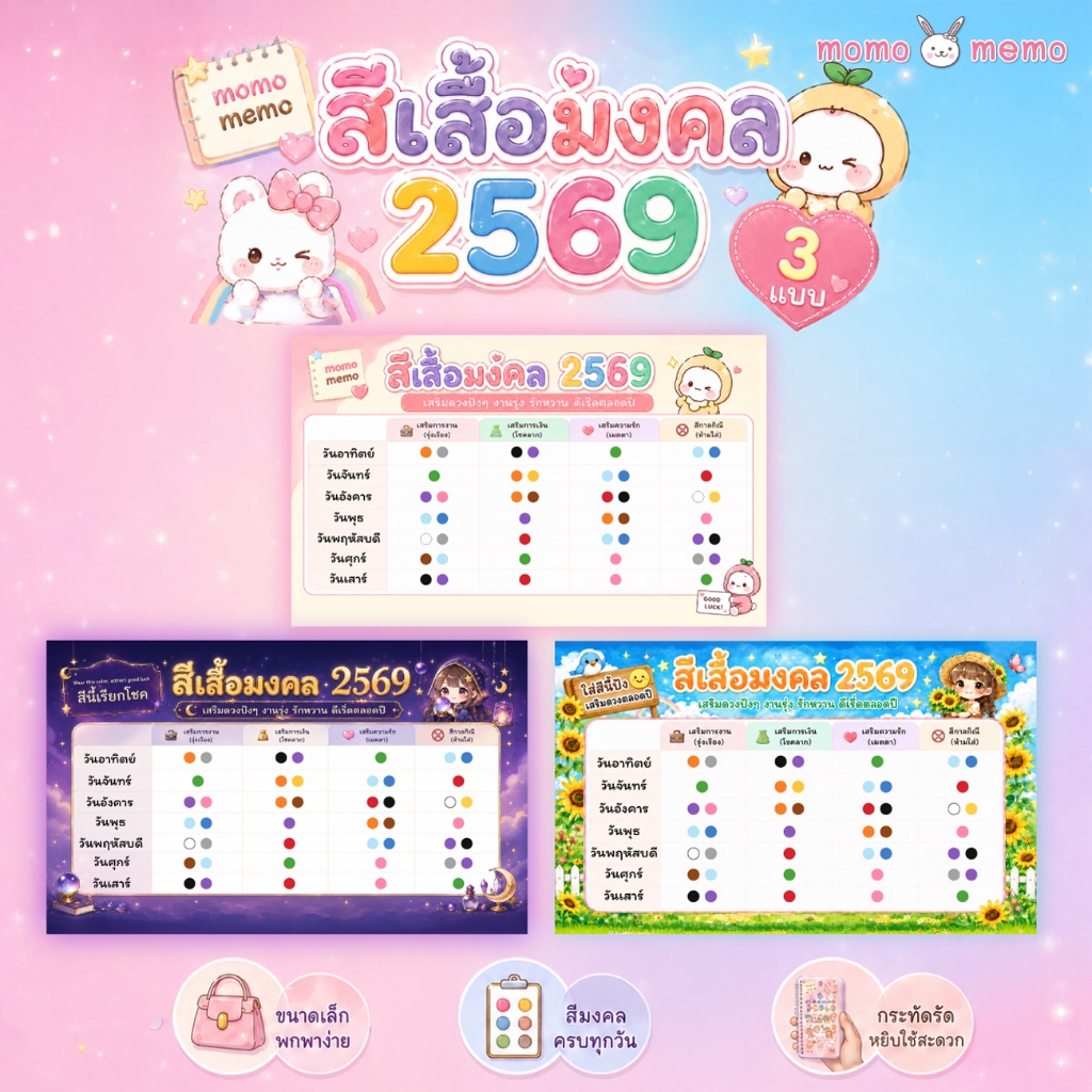 การ์ดสีเสื้อมงคล 2569 | ตารางสีเสริมดวงรายวัน เสริมงาน เงิน ความรัก พร้อมสีกาลกิณี น่ารักมินิมอล