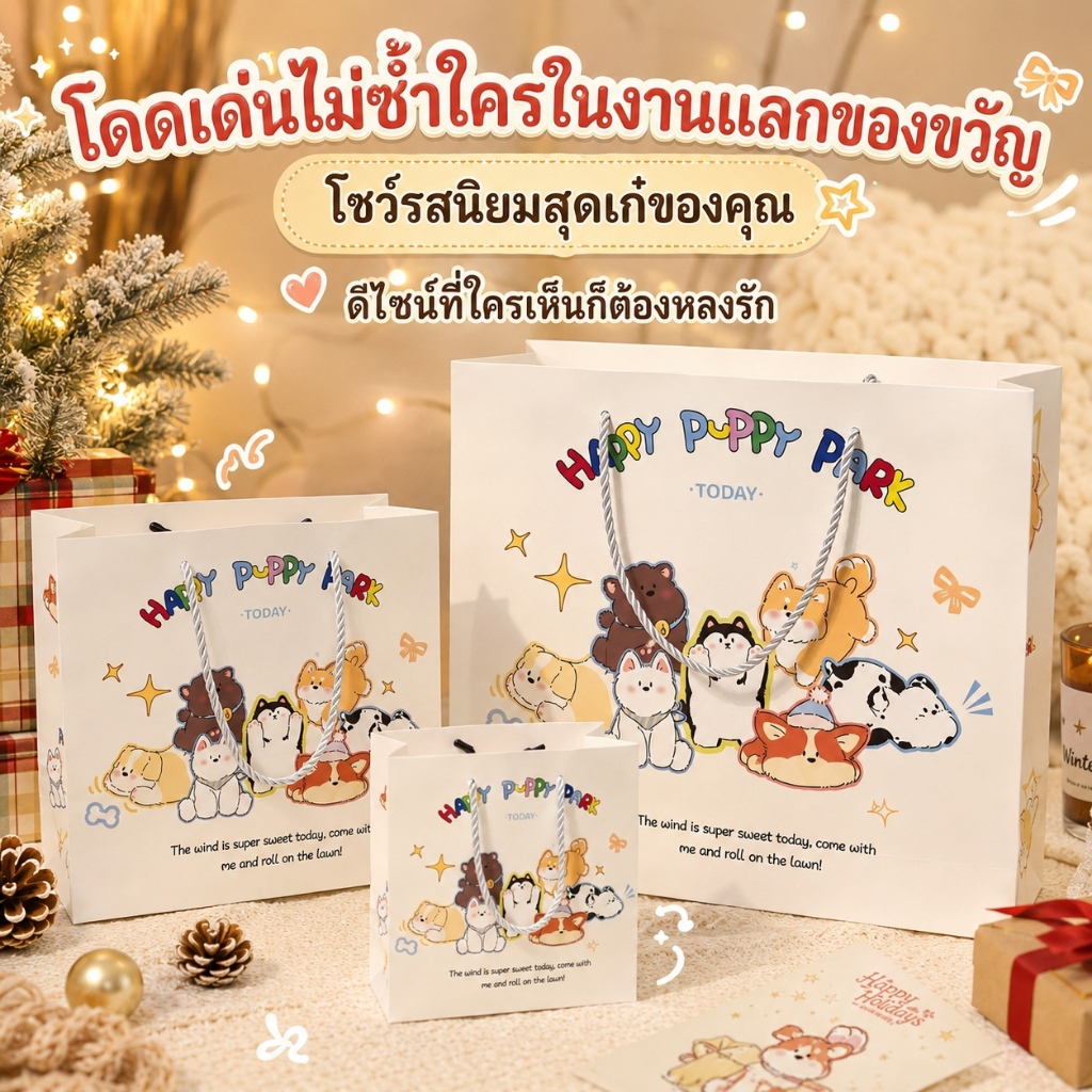 🐶ถุงของขวัญลายสุนัขน่ารัก 3ไซส์ สไตล์เกาหลี Happy Puppy Park กระดาษหนา หูเชือกแข็งแรง ใส่ของขวัญ วันเกิด น้องหมา