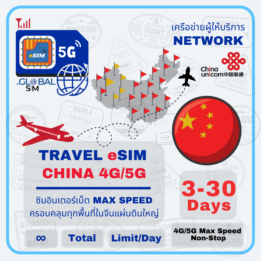 【The Global SIM】eSIM Mainland China ซิมจีนแผ่นดินใหญ่ 3-30 Days 4G/5G Max speed Data