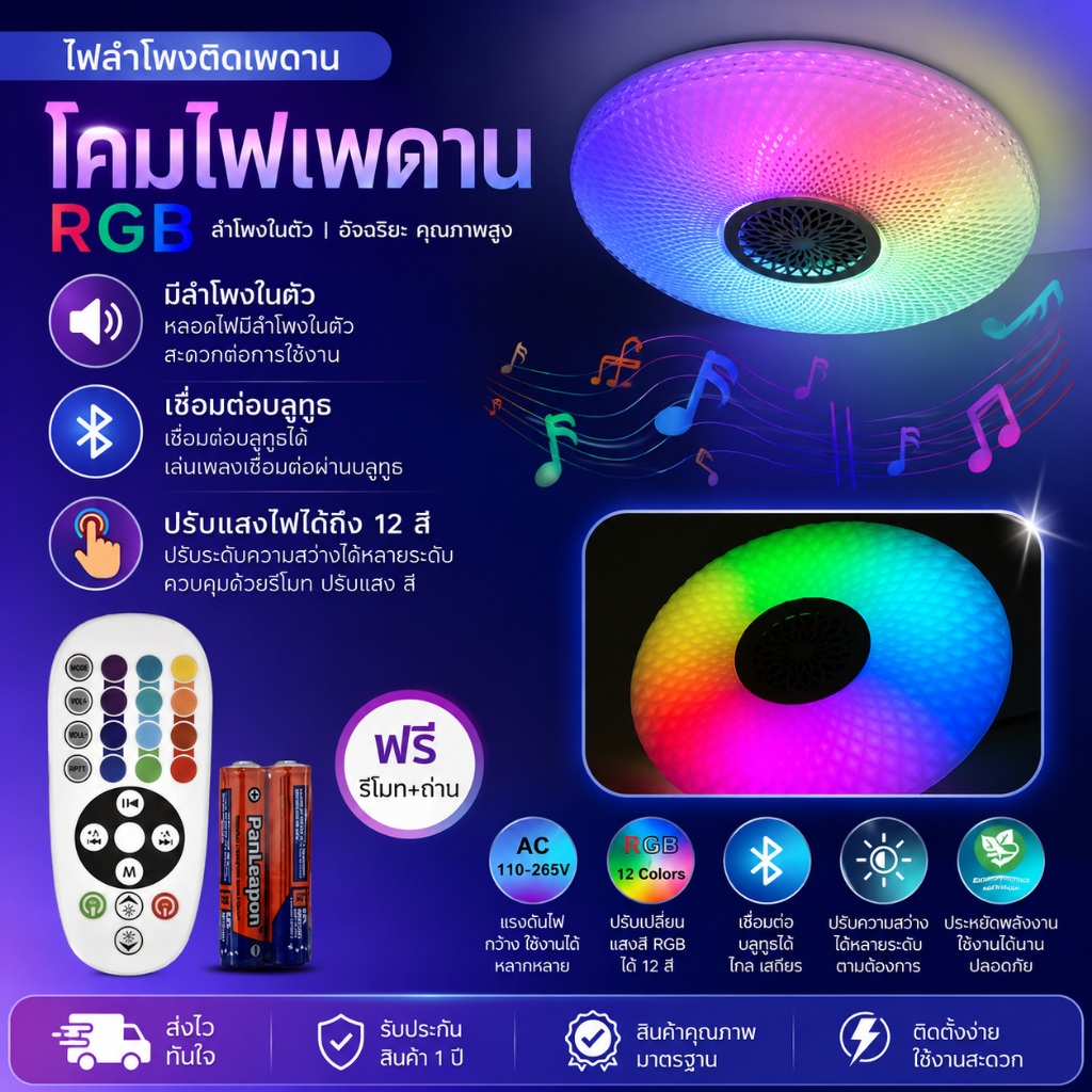 โคมไฟเพดาน 300W RGB โคมไฟระย้าอัจฉริยะ โมเดิร์น รีโมตคอนโทรล APP ลำโพงบลูทูธ โคมไฟเพลง โคมไฟเพดานห้องนอน