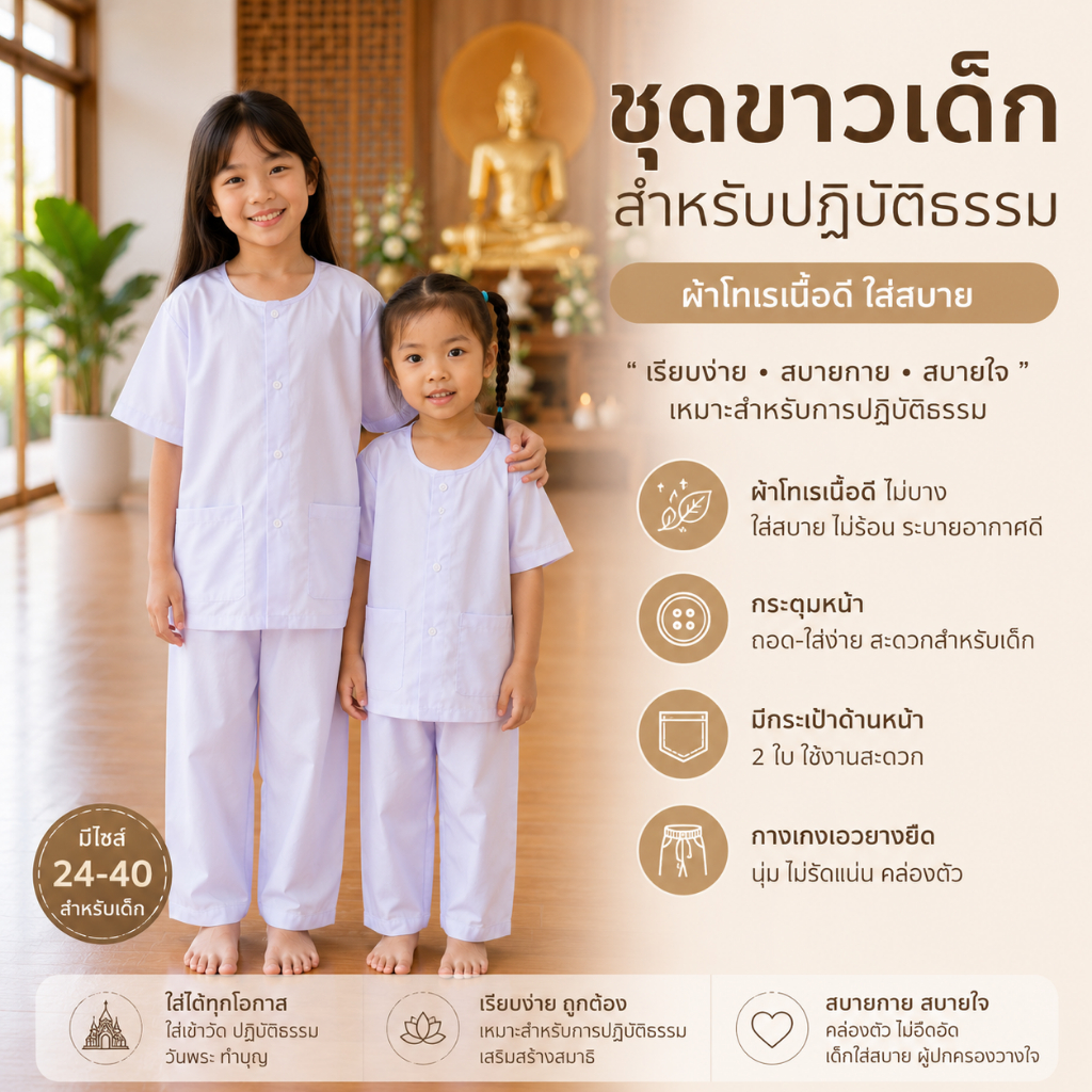 ชุดขาวเด็ก ผ้าโทเรเนื้อดี ใส่สบาย เหมาะสำหรับปฏิบัติธรรม