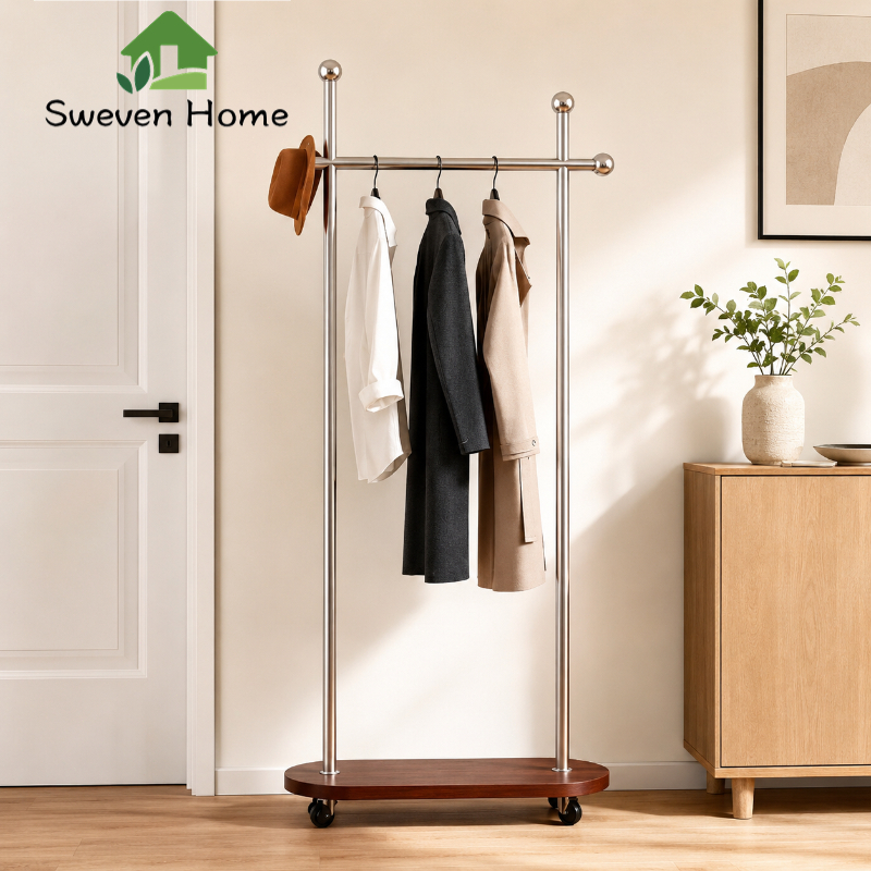 Sweven Home ราวตากผ้า ราวแขวนเสื้อตั้งพื้น มีล้อเคลื่อนย้ายง่าย ชั้นแขวนเสื้ออเนกประสงค์ สำหรับห้องนอน ห้องนั่งเล่น