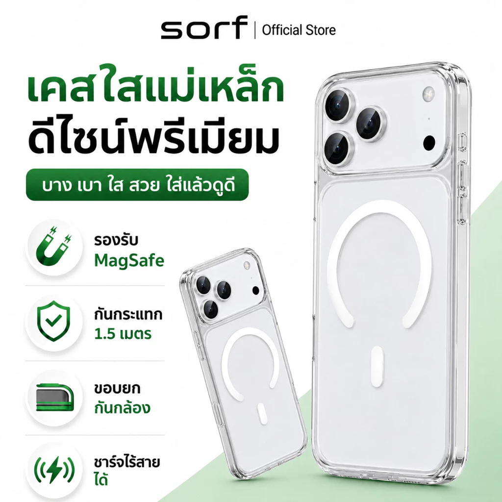 Sorf เคสไอโฟนใส MagSafe แม่เหล็ก กันกระแทก กันตก TPU+PC กันกล้อง พร้อมส่งไทย iPhone 17 16 15 14 13 12 11 Pro Max Plus