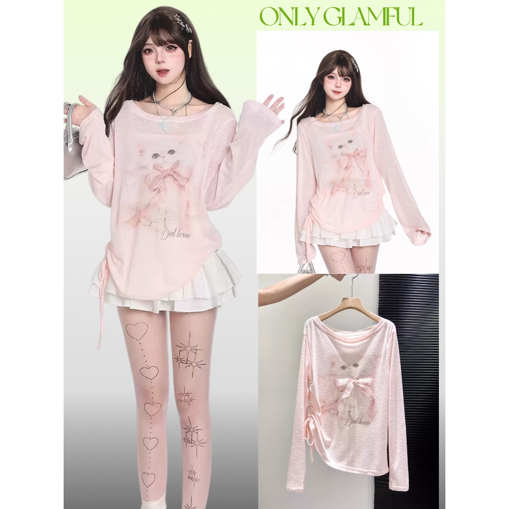 สไตล์หวานสีชมพูหลวมเสื้อยืดแขนยาวสันทนาการขนาดใหญ่ผ้าทูลเชือกรูดการออกแบบเอวด้านบนป้องกันแสงแดด