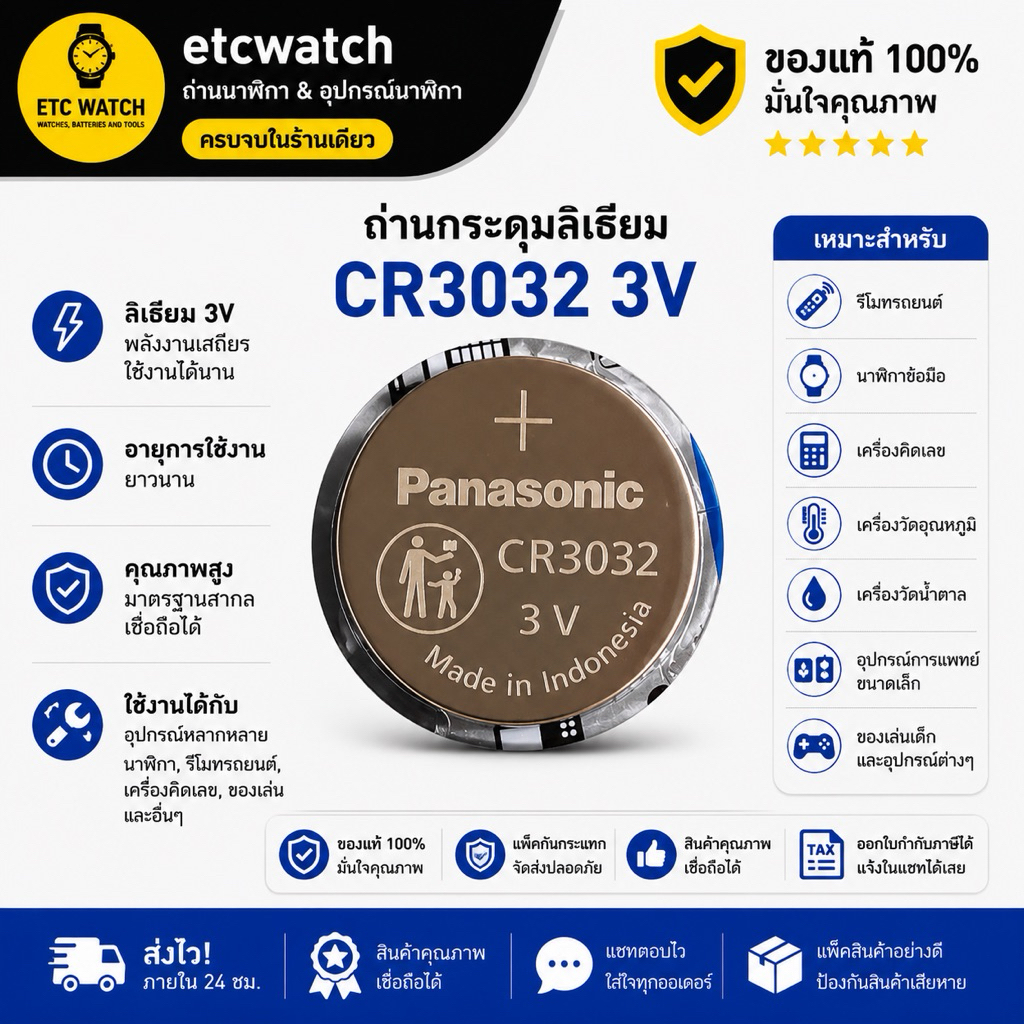 พร้อมส่ง> ถ่านกระดุม Panasonic CR3032 1 ก้อน หมดอายุ 12/2034 แท้ 100%
