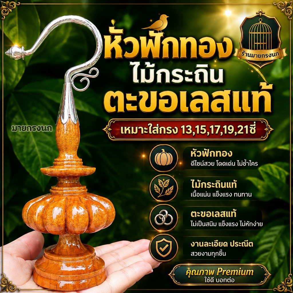 🔥หัวกรงนก ทรงฟักทอง ไม้กระถิน +ตะขอเลส 🎃