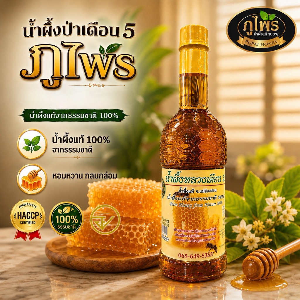 น้ำผึ้งแท้100%ตราภูไพร ขวดพลาสติก ฉลากภาษาไทย