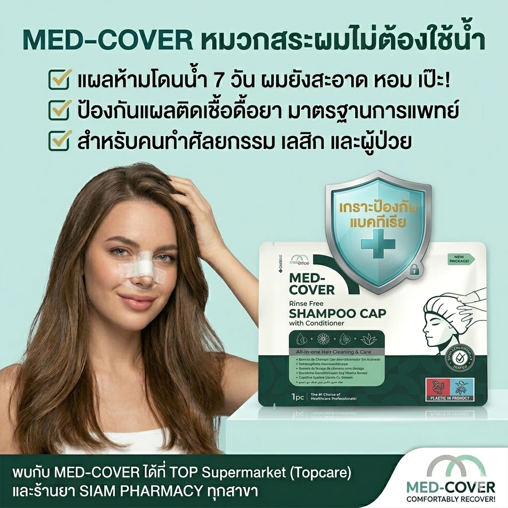 Med-Cover หมวกสระผมไม่ต้องใช้น้ำ แชมพูแคป สำหรับคนทำศัลยกรรม เสริมจมูก ทำตา เลสิก ผู้สูงอายุ ผู้ป่วยติดเตียง งดโดนน้ำ