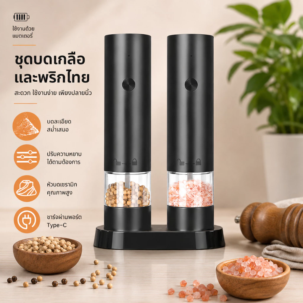 เซ็ตเครื่องบดเครื่องเทศไฟฟ้า 2 ตัว ชาร์จUSB บดอัตโนมัติ สำหรับพริกไทย เกลือทะเล ยี่หร่า เมล็ดผักชี ของขวัญปีใหม่