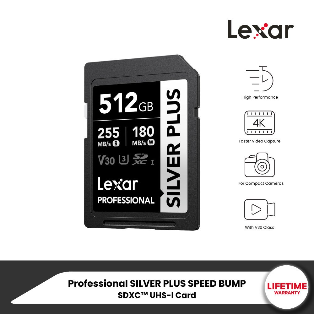 LEXAR SILVER PLUS 512GB UHS-I U3 V30 SD CARD SPEED BUMP FULL-HD 3D 4K RW255/180MB/S (LSDSIPL512G-BNN