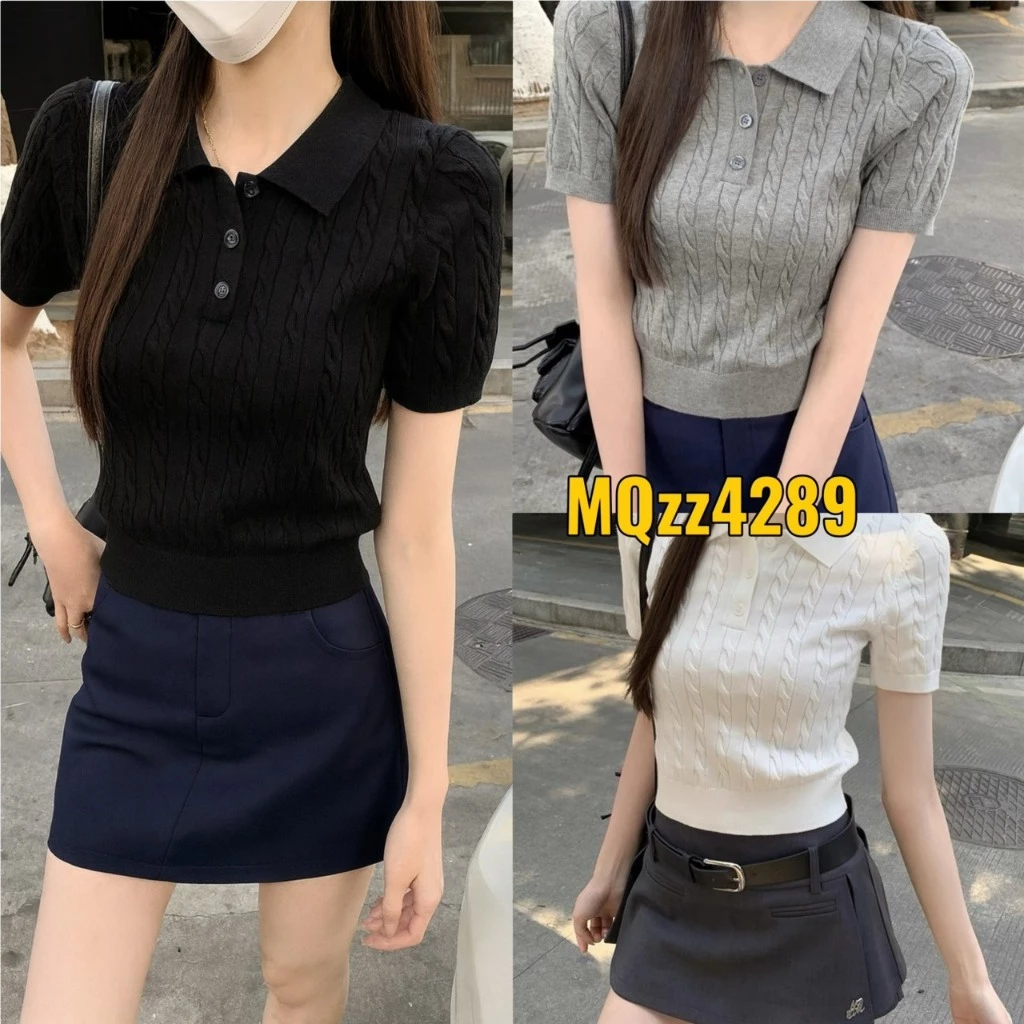 MQzz4289 *พร้อมส่ง* เสื้อไหมพรมแขนสั้นคอปก ถักลายเคเบิ้ล ทรงสวย ใส่สบาย Freesize