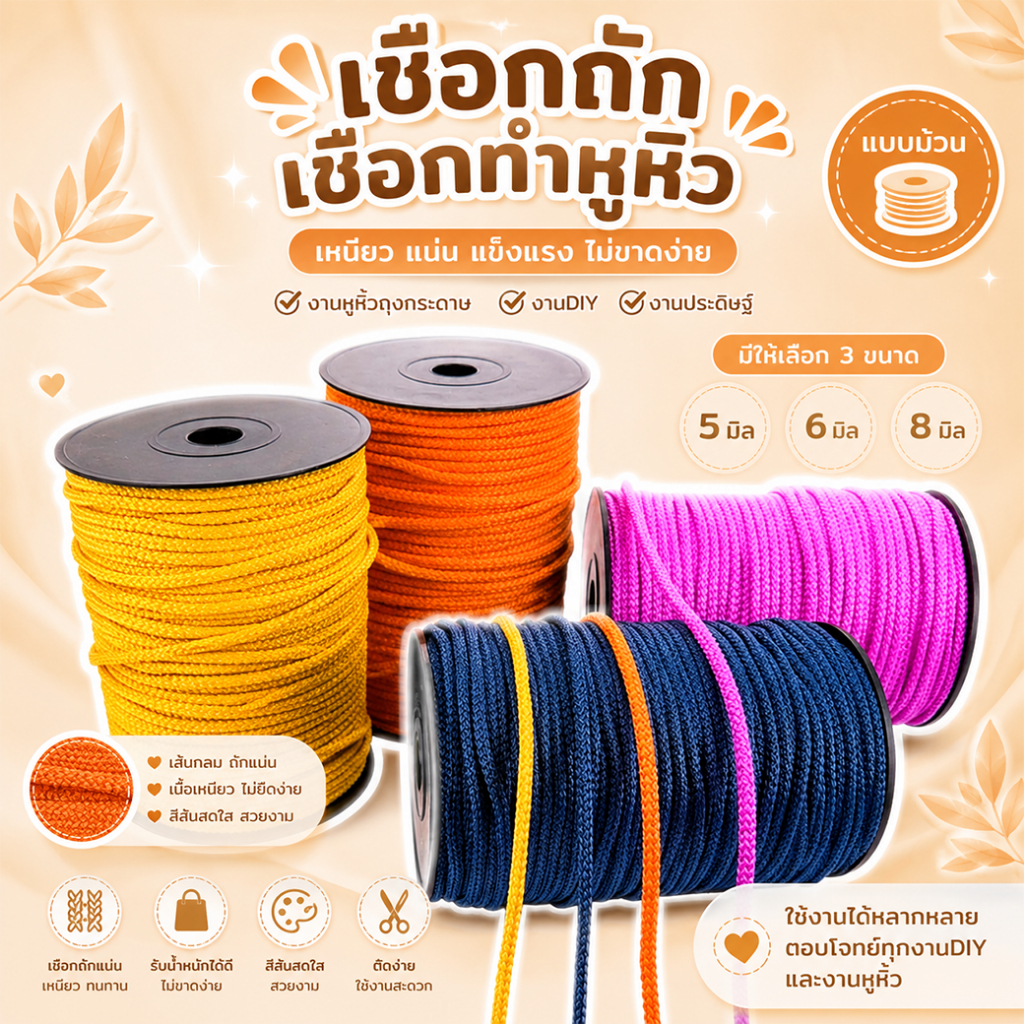 เชือกถัก เชือก2171 เชือกทำหูหิ้วกระเป๋า ขนาด 5 มิล 6 มิล 8 มิล แบบม้วน