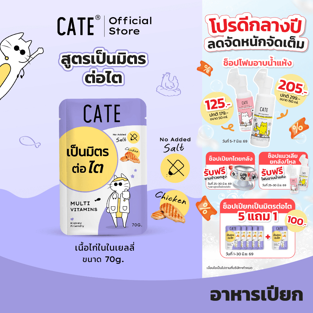 ยกโหล (12 ซอง) CATE เคท อาหารเปียกแมว สูตรเป็นมิตรต่อไต 70 g. อาหารเปียกแมวไม่ทำร้ายไต