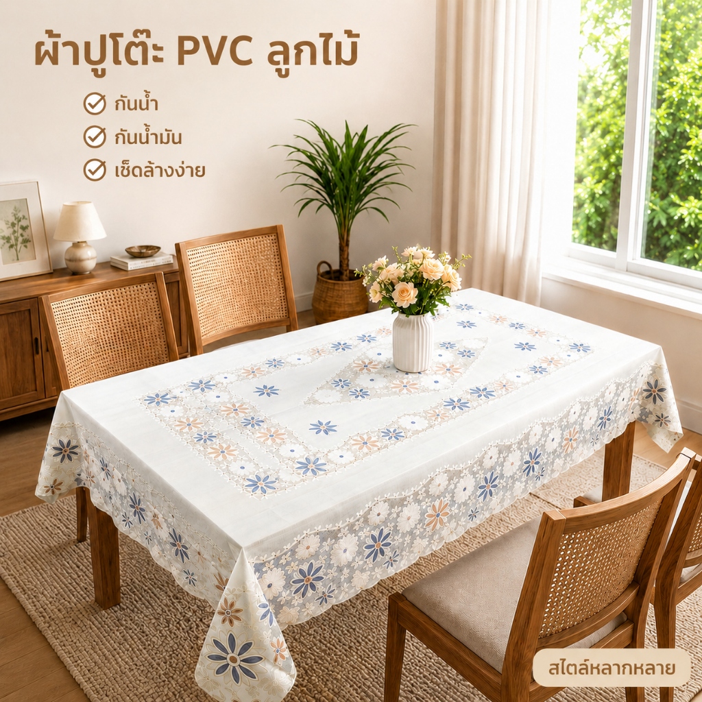 ผ้ารองโต๊ะ PVC รุ่นใหม่ปี 2026 กันน้ำ กันน้ำมัน ทนความร้อน แบบสี่เหลี่ยมผืนผ้า ดูแลง่าย ไม่ต้องซัก