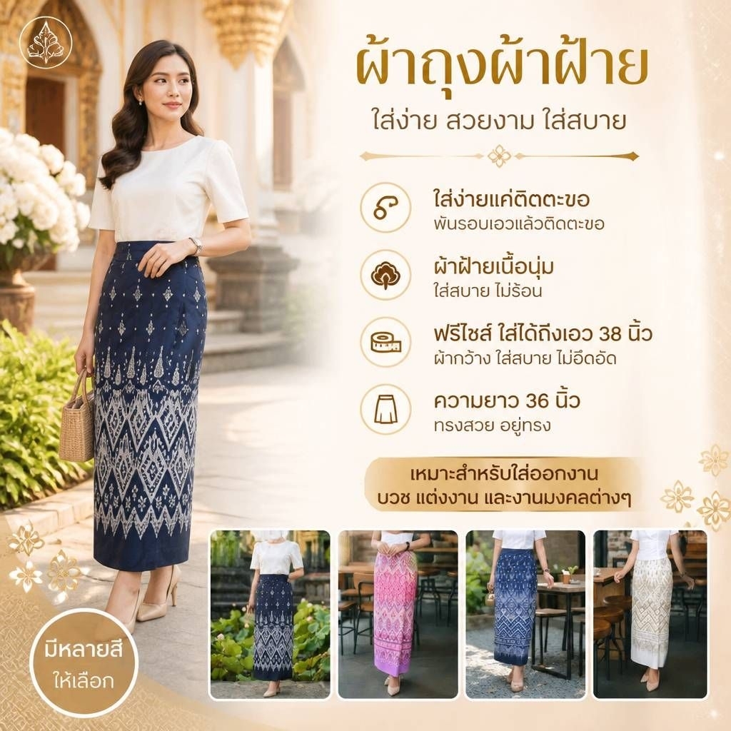 ผ้าถุงผ้าฝ้าย ใส่แบบพันรอบเอวติดตะขอ