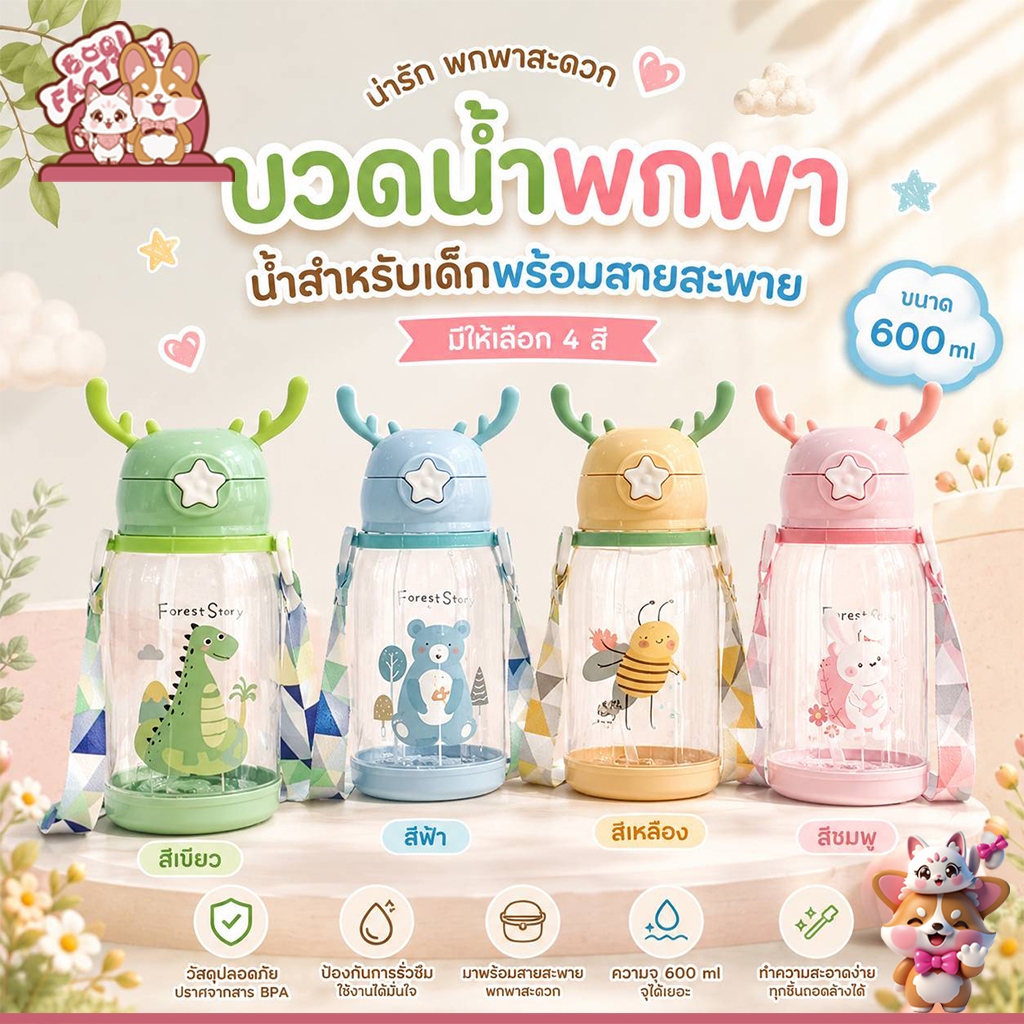 Boqi Factory กระติกน้ำเด็ก กระติกน้ำเขากวางนิ่ม กระติกน้ำหลอดซิลิโคน ขวดน้ำเด็ก พร้อมสายสะพาย Deercup
