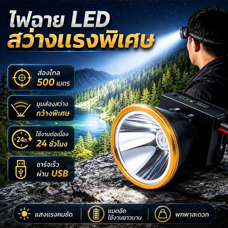 ไฟคาดหัว LED สว่างแรง 300W แบตเตอรี่ 4000mAh ชาร์จ USB ได้ ใช้งานกลางแจ้ง ตกปลา ตั้งแคมป์