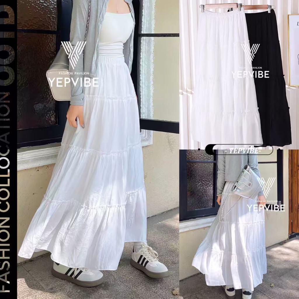 พร้อมส่ง กระโปรงยาว เอวสม็อค ทรงเลเยอร์ สไตล์เกาหลี เก๋ๆ