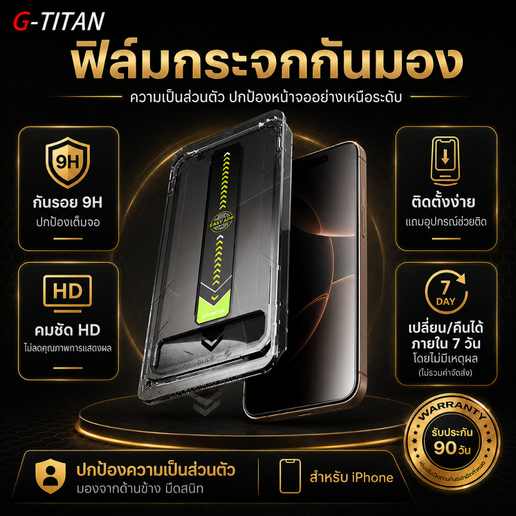กระจกหน้าจอไอโฟน 13/14/15/16/17 ความแข็ง 9H ใสชัดสูง กันแอบมองรักษาความเป็นส่วนตัว รับประกัน 90 วัน