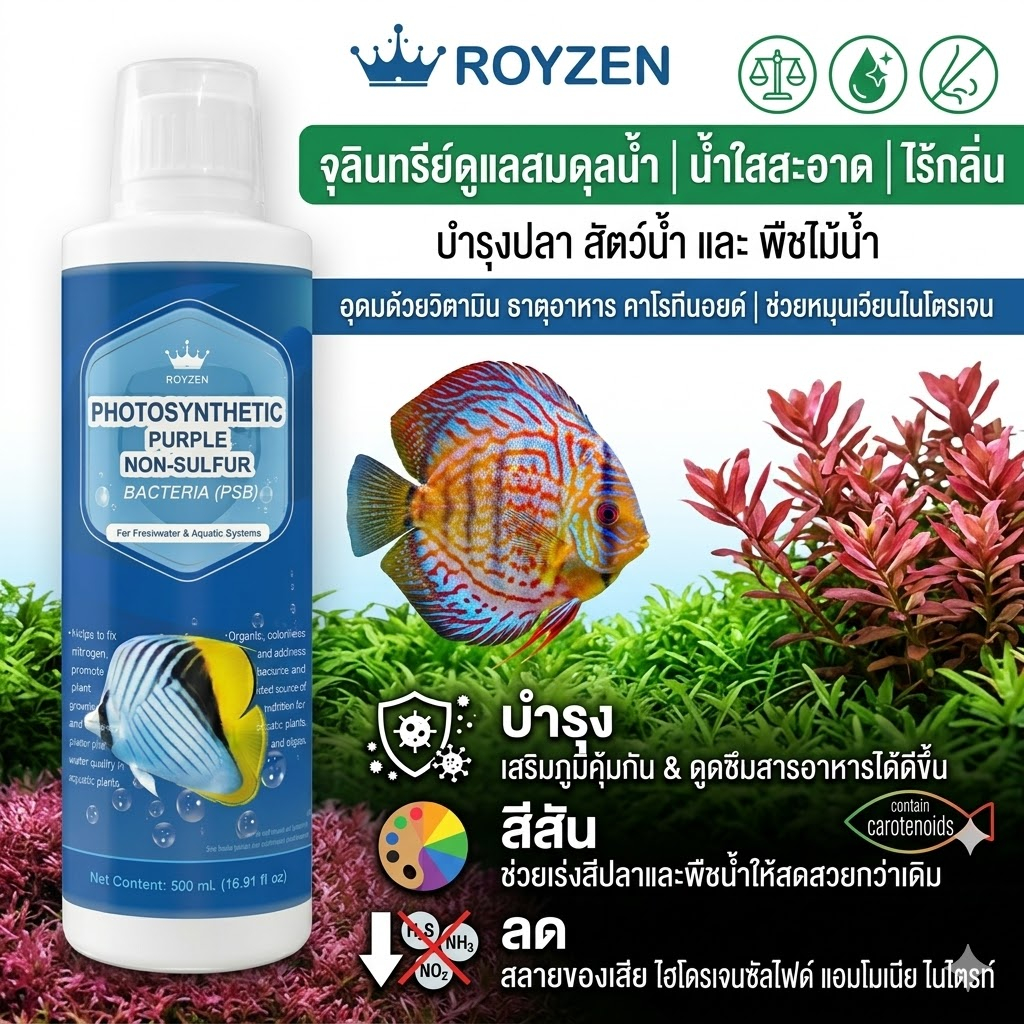 จุลินทรีย์ดูแลสมดุลในระบบน้ำ อ่างปลา ตู้ไม้น้ำ บำรุงปลา บำรุงต้นไม้น้ำ สังเคราะห์แสง PSB สารสกัดจากยีส | ROYZEN
