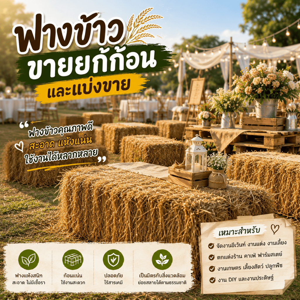 ฟางข้าวอัดก้อนสำหรับคาเฟ่และงานอีเว้นท์ สไตล์ฟาร์มมินิมอล ถ่ายรูปสวย ใช้งานง่าย น้ำหนักเบา